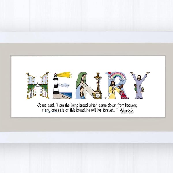Regalo de Primera Comunión para Niños / Arte católico personalizado con nombre cristiano / Versículo bíblico Juan 6:51 Pan Vivo