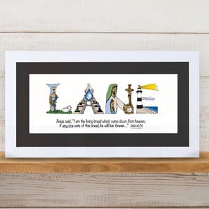 First Holy Communion Gift for Girls | Catholic Personalized Christian Name Art | John 6:51 Living Bread Bible Verse image 15
