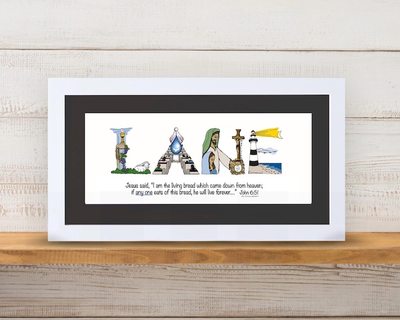 First Holy Communion Gift for Girls | Catholic Personalized Christian Name Art | John 6:51 Living Bread Bible Verse image 15