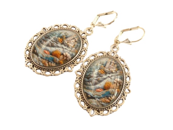 Maritime Earrings With Landscape and Castle in the Sea Ocean