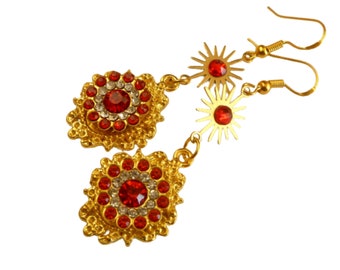 Extravagant long earrings red crystal gold rhinestone jewelry sun gold plated festive gift idea wife girlfriend