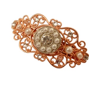Small hair clip with pearls and clear rhinestones red gold colored gift idea woman