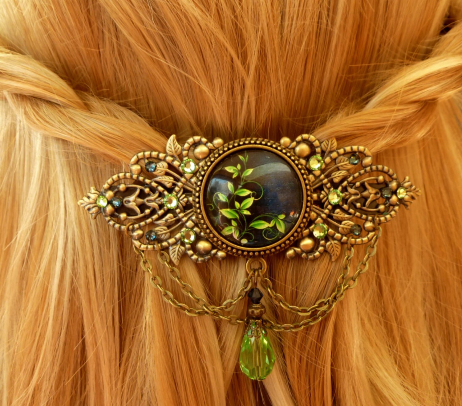 Pince à Cheveux Dorée Art Nouveau - Décor Homme Pierre Bleue Et Strass