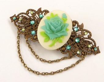 Cameo hair clip with rose in turquoise bronze Bridal hair accessories gift idea woman