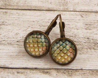 Earrings with dragon scales in green bronze Medieval jewelry LARP gift woman