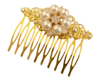 Elegant pearl hair comb with rhinestones gold-colored bridal wedding festive hair accessories gift idea woman accessory party ball