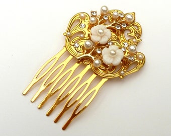 Noble hair comb with flowers and pearls gold colored bride wedding hair accessories gift