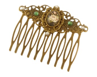 Elegant hair comb with rose motif, bronze-colored, side-mounted comb for brides and weddings