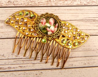Peineta ancha con adornos de hojas y motivo de magnolia, accesorio para el cabello de novia color oro, peineta lateral con cristales rosas.
