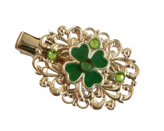 Small hair clip with four-leaf clover lucky charm hair accessories green silver enamel gift idea girls