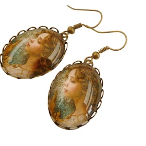 Simple earrings with fairytale princess and castle bronze colored cabochon jewelry girls gift idea girlfriend