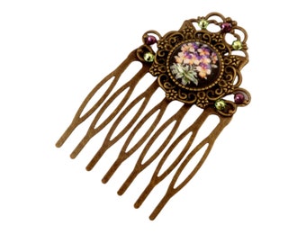 Small hair comb with pansy motif bronze-colored lilac flowers hair accessories gift woman