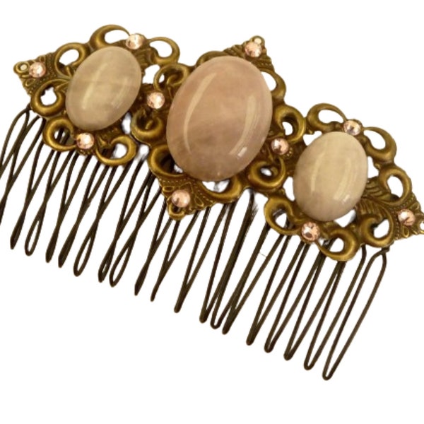 Gemstone hair comb with rose quartz pink bronze festive bridal wedding hair accessories updo gift idea