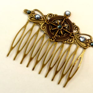 Compass hair comb in bronze with crystals in blue, maritime Hair Accessories, Navigation, seafaring