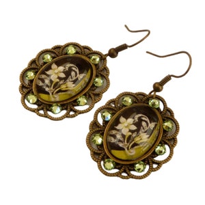 Elegant earrings with flowers green black bronze gift idea woman