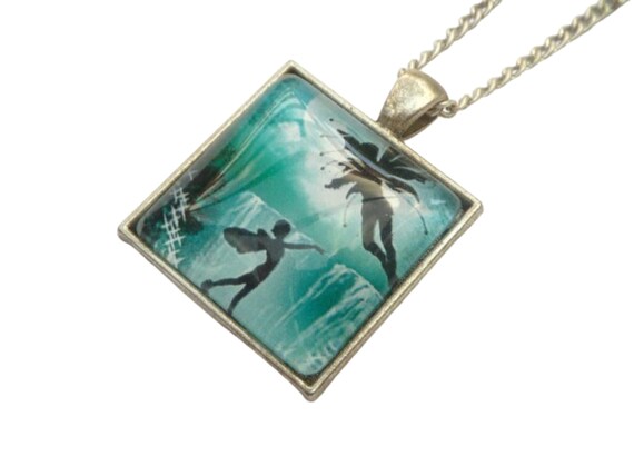 Square Unique Necklace With Elf Motif Turquoise-green Silver