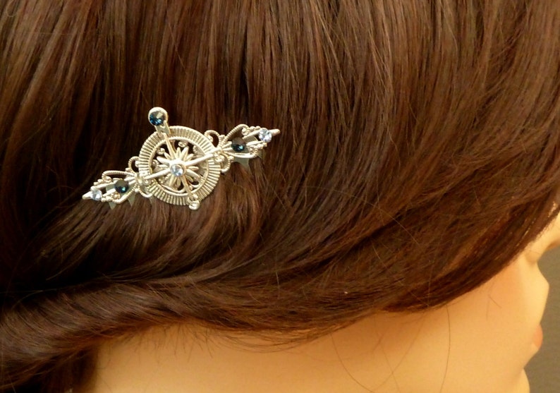 Compass Hair Comb in Silver With Crystals in Blue Maritime Etsy