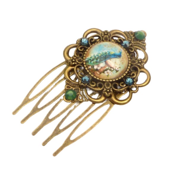 Petite hair comb with peacock motif bronze green colors bride hair jewelry updo hair accessory gift woman