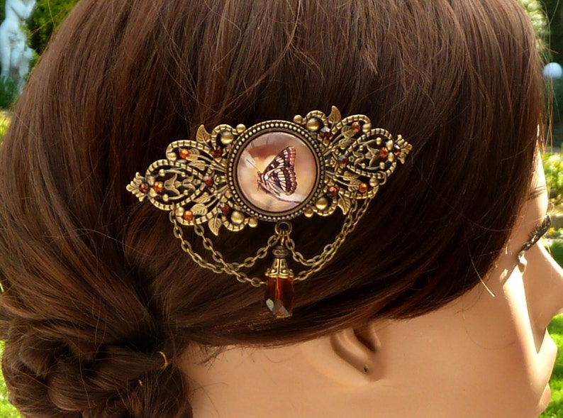 antique style hair jewelry gift for her large hair clip Hair clip with butterfly in brown bronze summer barrette