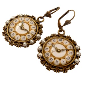 Round earrings with clock motif bronze colored steampunk jewelry accessory gift idea girl