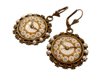 Round earrings with clock motif bronze colored steampunk jewelry accessory gift idea girl