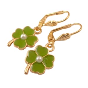 Dainty lucky charm earrings with enamelled clover leaf motifs light green 24 karat gold-plated ear hooks gift idea woman girlfriend