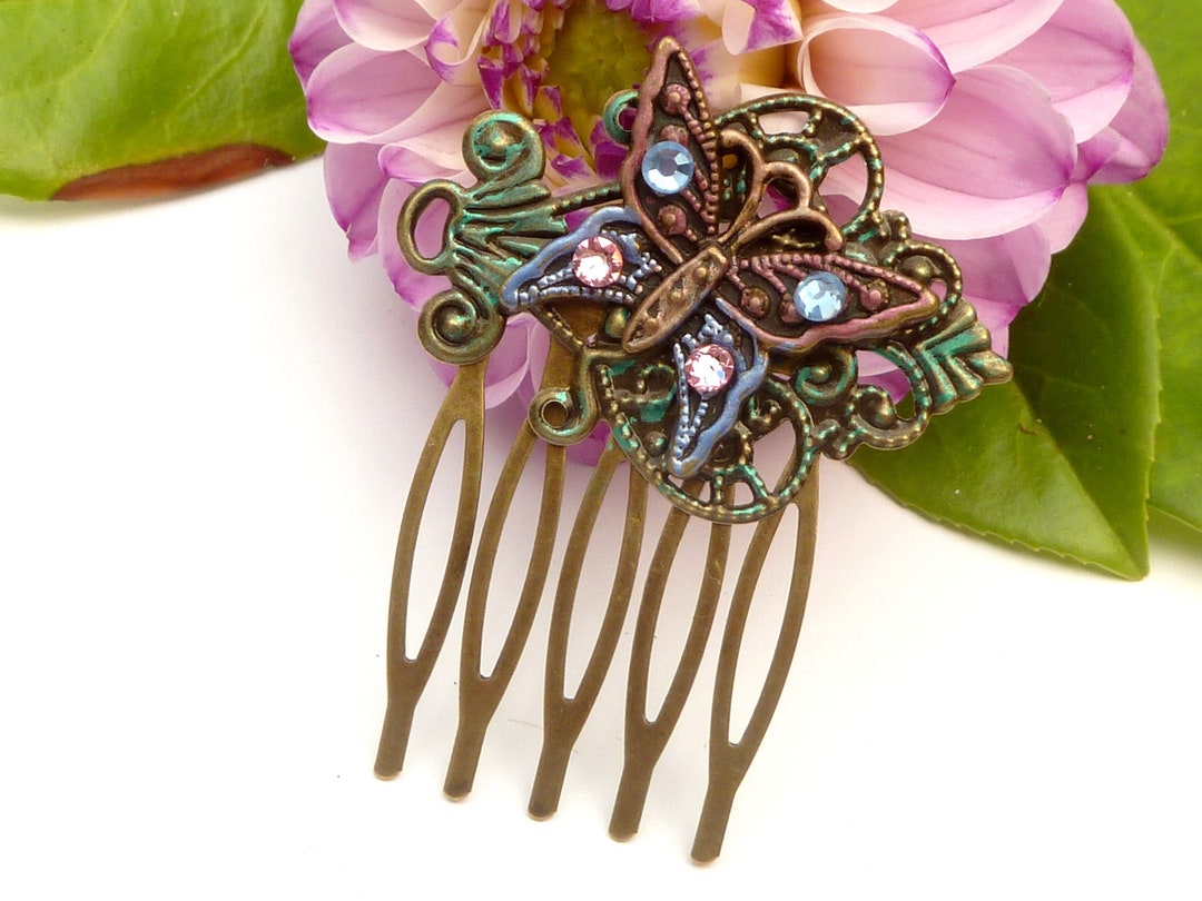 Small Hair Comb With Butterfly Motif Handpainted Colorful Bronze Colored Updo Bridal Wedding