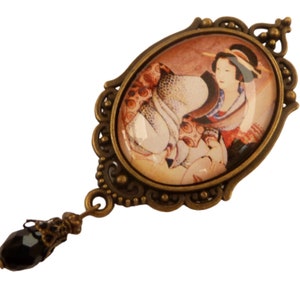 Large brooch with geisha motif Japan jewelry bronze-colored gift idea girl
