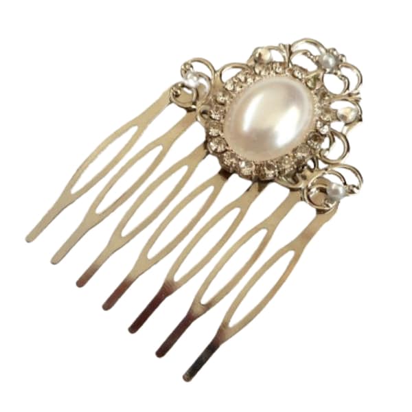 Small hair comb with white half pearl and clear rhinestone silver bridal wedding updo gift idea wife girlfriend