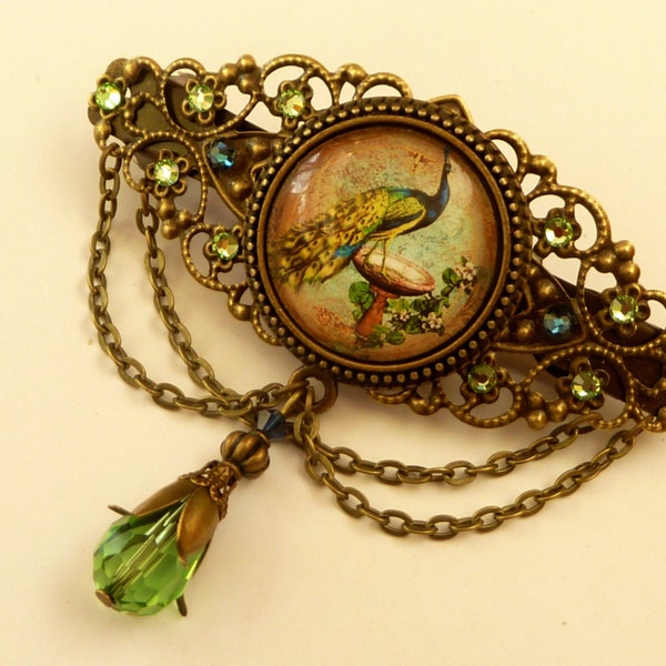 Barrette with peacock in green bronze bird hair accessories antique beads barrette girl