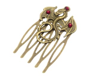 Small hair comb with dragon ornament bronze colored medieval LARP cosplay gift idea girls metal hair accessories