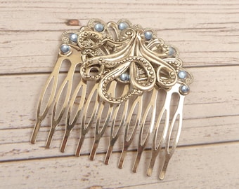 Hårkam i steampunk-stil med bläckfiskmotiv, silverfärgad, solfjäderformad, blå kristaller, brudfrisyr, bröllop