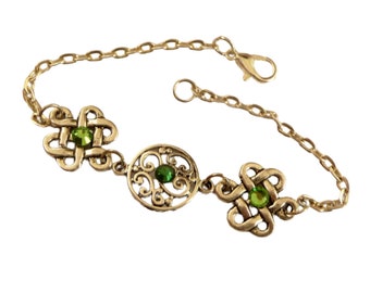 Noble bracelet with ornament and Celtic knots green silver Ireland style jewelry gift idea woman