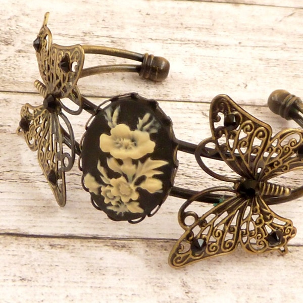 Bracelet with flower cameo and filigree butterfly ornaments in black bronze, antique bracelets, summer jewelry, gift girl