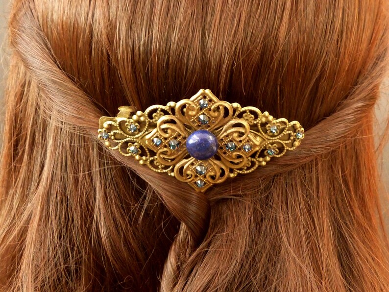 Gemstone hair clip with lapis lazuli cabochon vintage style gift idea woman