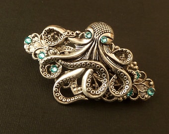 Steampunk hair clip with octopus in antique silver with rhinestones in turquoise gift idea girl