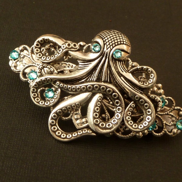 Steampunk hair clip with octopus in antique silver with rhinestones in turquoise gift idea girl