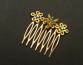 Small hair comb with elf in green gold celtic knots Ireland fairy gift girl