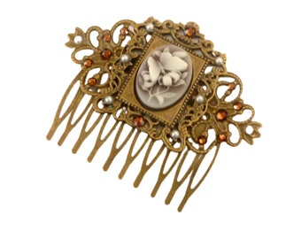 Elegant hair comb with butterfly cameo brown bronze color gift idea woman