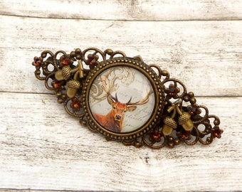 Hair barrette with deer motif hunting animal hair jewelry forest gift hunters woman gift idea