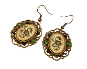 Earrings with dragon motif green bronze medieval jewelry gift idea woman