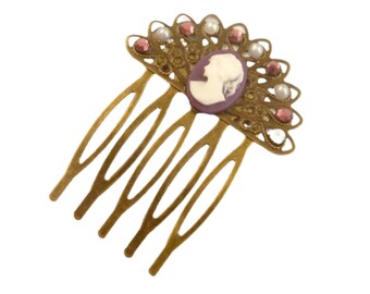 Dainty cameo hair comb fan shape purple bronze updo bridal wedding gift idea girlfriend
