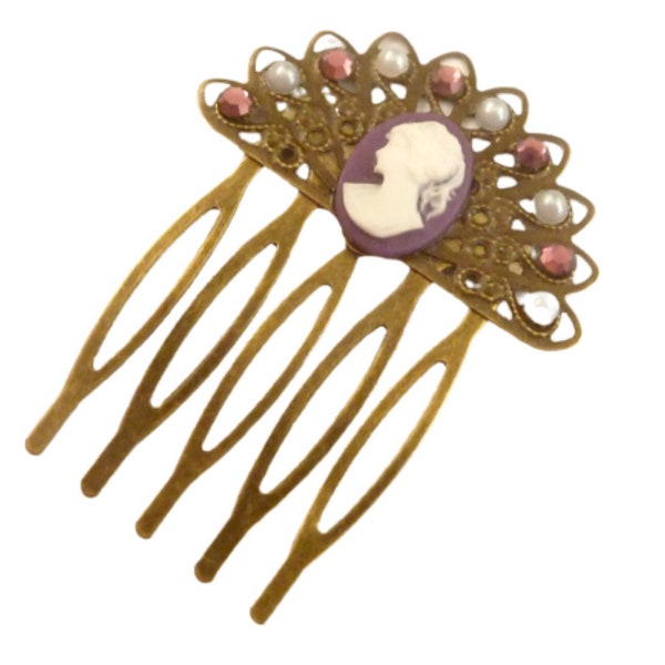 Dainty cameo hair comb fan shape purple bronze updo bridal wedding gift idea girlfriend