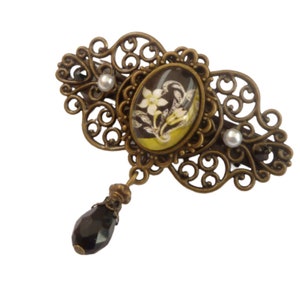 Small hair clip with jewel flower motif green black bronze color bray bride hair accessories gift idea girl