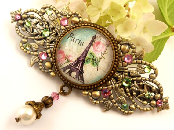 Large Barrette in Bronze Pink Green With Eiffel Tower and  display picture 3