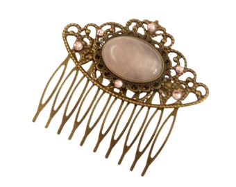 Gemstone hair comb with rose quartz cabochon pink bronze updo hair accessories vintage bridal wedding gift idea