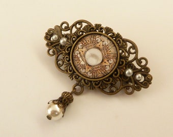 Kleine Haarspange mit Perlen Motiv bronzefarben Vintage Stil Geschenkidee Frau