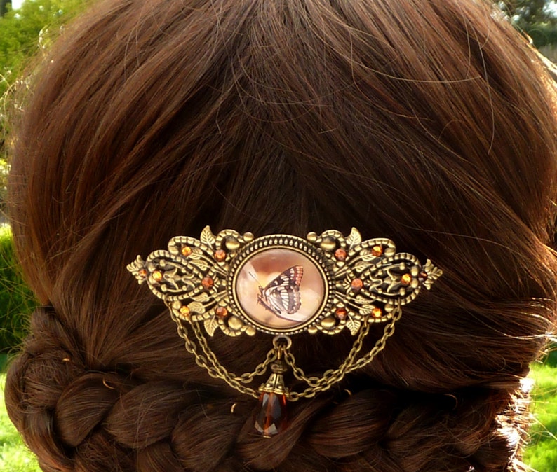 antique style hair jewelry gift for her large hair clip Hair clip with butterfly in brown bronze summer barrette