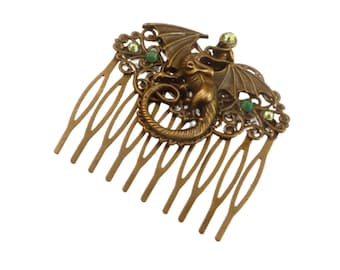 Hair comb with dragon motif green bronze colored medieval hair accessories larp china girl hairinetry gift idea