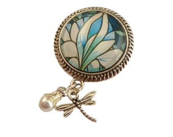 Elegante Brosche mit Jugendstil Blüte blau silberfarben Perle Libelle Dekollete Schmuck Schal Brosche Geschenkidee Frau